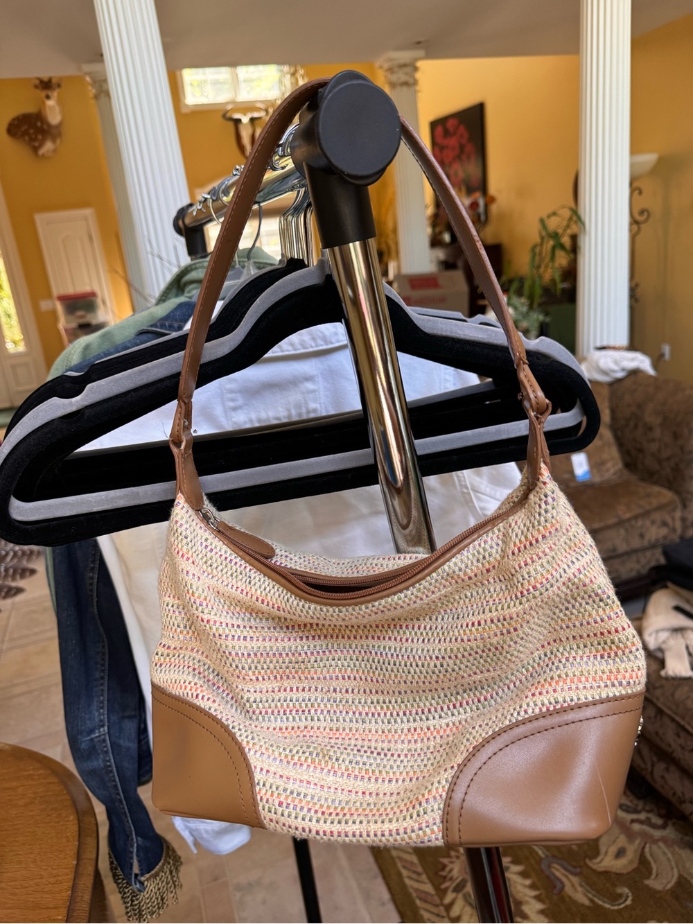 Etienne Aigner Cream Woven Mini Shoulder Bag with Tan Trim